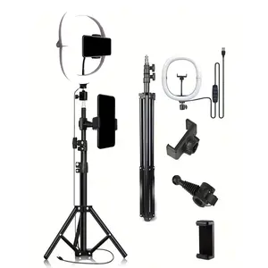 4 in 1 Selfie Stick Tripod 10-Inch LED Ring Light Foldable with 1.1m Tripod Stand O-Clamp 3 Adjustable Lighting Modes for Photography Live Stream Makeup Smartphone Holder Cellphone Folding Videography Equipment