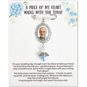 Wedding Bouquet Photo Charms, Something Blue  For Bride, Memorial Pin For Wedding Groom, Remembrance  From Deceased Mom Or Dad, DIY Bridal Pin With Guardian Angel Memory Charm And Picture