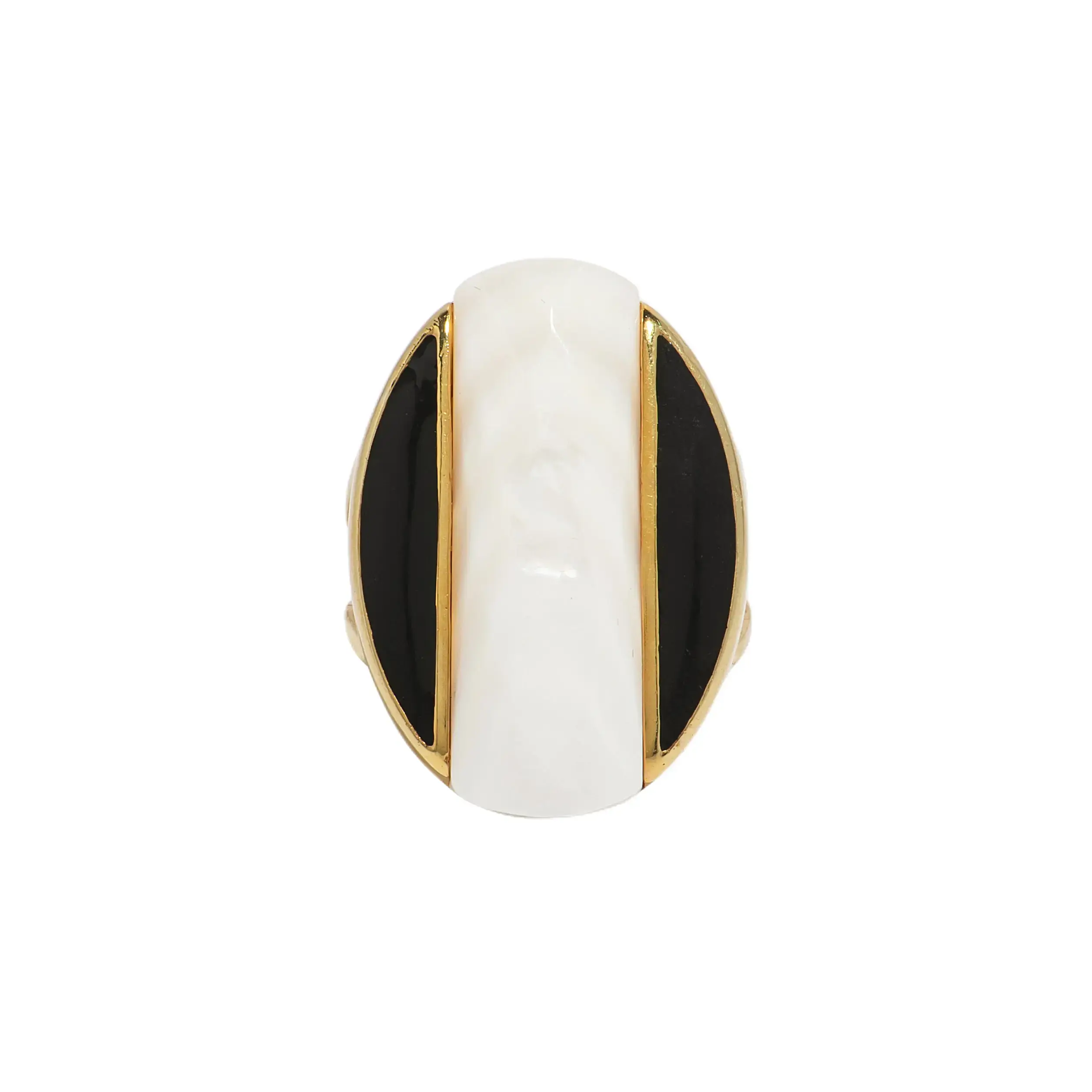 Saraswati Ring The Hindu Goddess of Wisdom 18k Gold Vermeil Mother of Pearl Black Enamel Band 30.5mm x 22mm x 5mm
