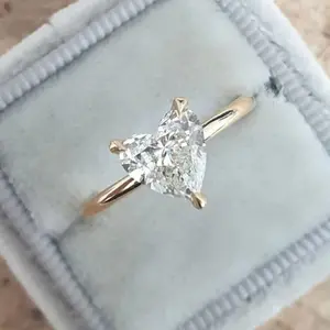 Vintage Inspired Heart Shaped Cubic Zirconia Solitaire Ring for Women, 14K Gold Plated Dainty Band, Elegant French Minimalist Bridal Jewelry