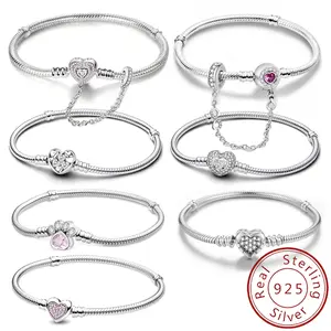Jewelry - 925 Sterling Silver Zircon Personalized Simple Love Heart Bracelet DIY Bead Making Fit Original Pan Bracelets Fine Jewelry Gift