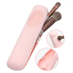 Silicone Travel Makeup Brush Holder, Upgraded Anti-Drop Magnetic Design, Compact Portable Smooth Cosmetic Organizer, Travel Makeup Tool Storage Box
