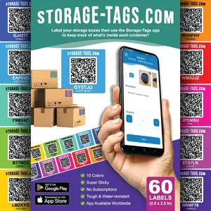 QR Code Storage Tags (Multicolored) - Smart Stickers - Tracking Labels for Totes - Scan Storage Bins & Containers - Moving House - Track Inventory - Android and iOS App - Pack of 60