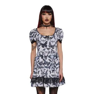 Spirit World Lace Trim Moth Print Dress