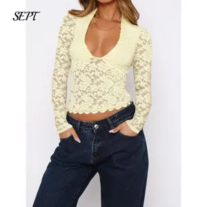 Women Sexy V Neck Lace Top Y2K Long Flared Sleeve Sheer Mesh Crop Shirt Low Cut FloralSee Through Going Out Top