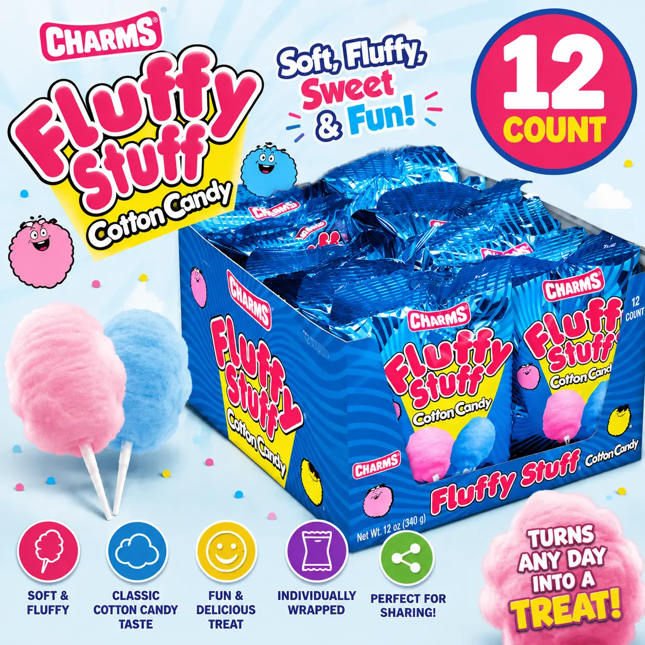 Charms Fluffy Stuff Cotton Candy 12 Count  Soft Fluffy Cotton Candy Snack | Assorted Flavors, Individually Wrapped Party Treats & Carnival Candy