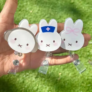 Cute White Bunny Rabbit Retractable Badge Reel - Decorative ID Name Tag Holder For Nursing Students, Doctors, Hospital Staff, And Medical Professionals - Office Gift For Coworkers