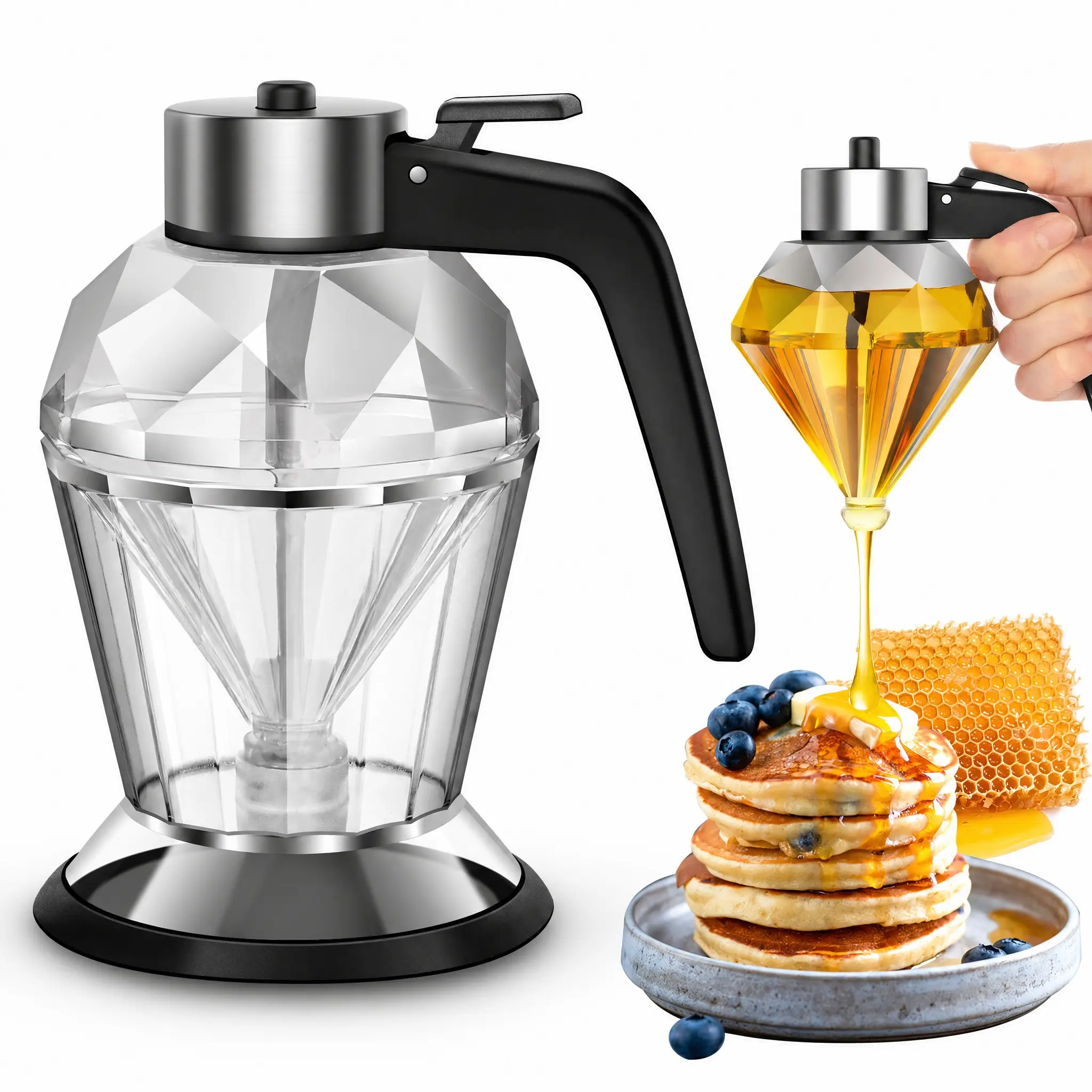 Creative Push-Type Leakproof Honey Jar, Glass Honey Jars, Diamond Shape Clear Glass Syrup Pump Dispenser with Base, 7oz Leak-Proof Container for Coffee, Tea, Maple Syrup, Olive Oil, Clear Glass Containers