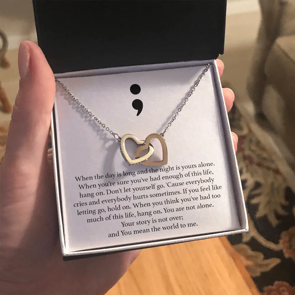 "Your Story Is Not Over" Interlocking Hearts Necklace - Semicolon Pendant Silver Jewelry, Sentimental Inspirational Mental Health Awareness Gift for Her Friend Daughter