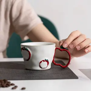 Cream Apple Coffee Cup and Saucer Set, Ceramic Latte and American Latte Art Mug, Perfect Aesthetic Gift for Friends at Home