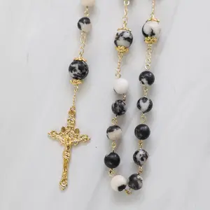 Light of Benediction Rosary | Handmade Black & White Marble Rosary: 18K Gold Filled St. Benedict Center
