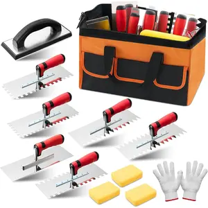 12 count Tile Trowel Tools Set, Include 6 Stainless Steel Notched Tile Trowel, 1 Rubber Grout Float, 1 Tool Bag, 1 Pair of  Gloves, 3 Grout Sponge for Tiling Installation Grouting