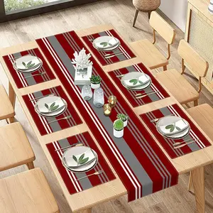 2D flat printing, 1 piece/5 piece set/7 piece set of wine red table towels and placemats, red stripes, colored gray lines, retro abstract art restaurant decoration, dressing table scarf, suitable for daily kitchen and restaurant desktop decoration use