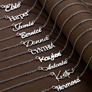 Customized Name Ladies Necklace with Personalized Charm, Simple Cursive Letter Font, Stainless Steel Pentagram, Birthday Jewelry, Gift for Women