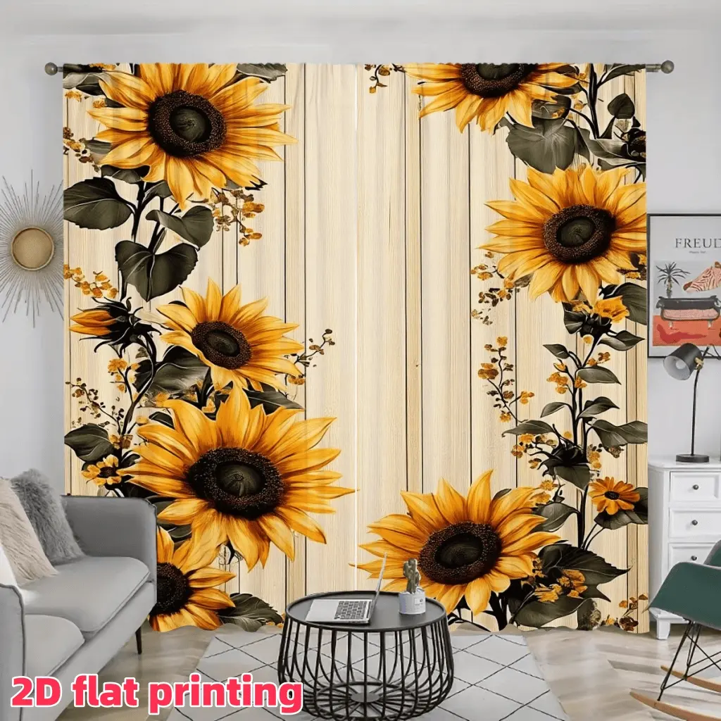 2D Flat 2Pcs Sunflowers on Wood Grain Print Curtains, Ready Made Curtains, Rustic Floral Window Drapes for Living Room, Bedroom, Kitchen, Farmhouse Decor, Privacy Protection, Darkening Panels.