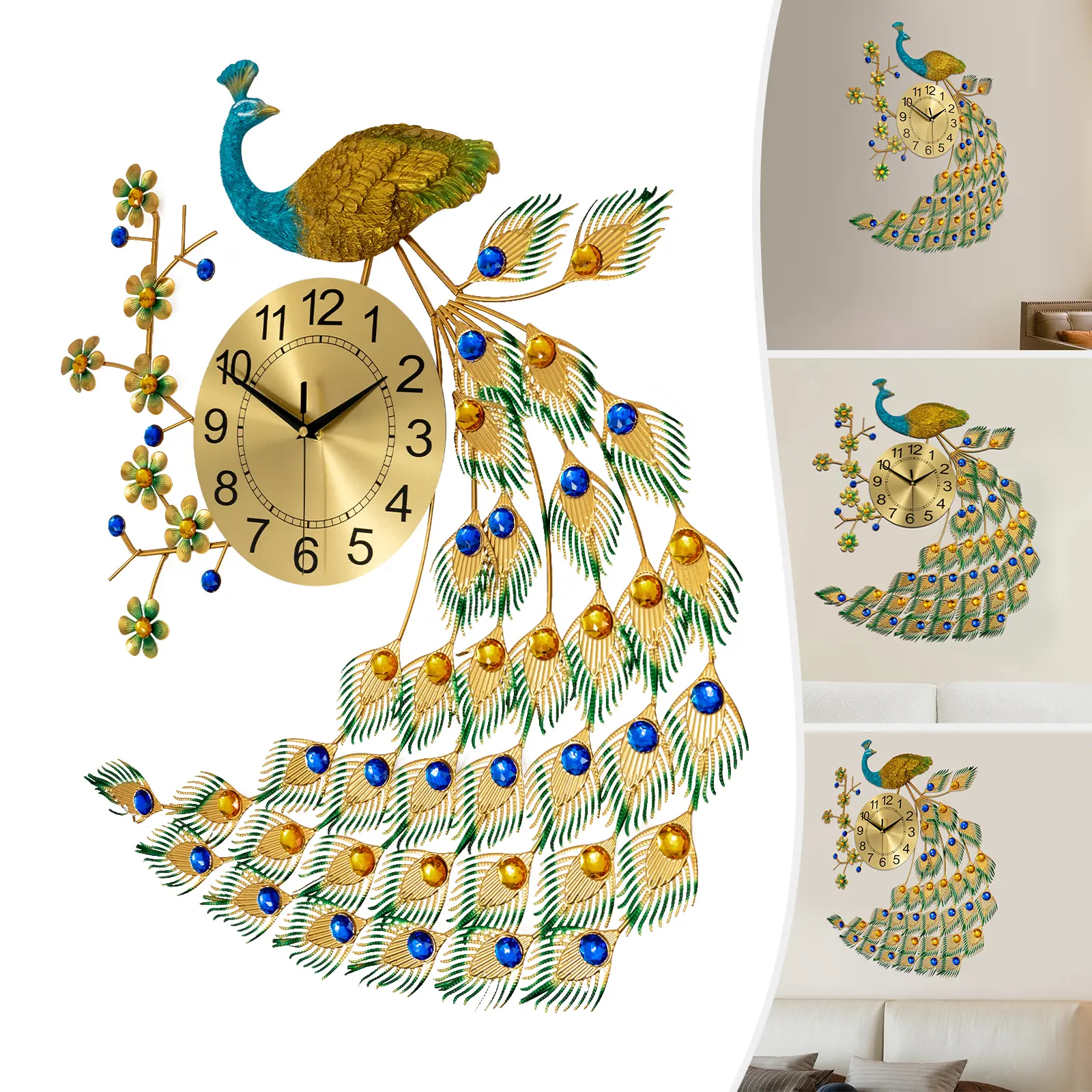 CNCEST Luxury Peacock Analog Decorative Clock - 3D Metal Finish, Open Screen Design, Quiet Tick Quartz Movement, Modern Style, AA Battery Power, for Living Room House Decor (No Warranty), Clocks For Living Room, Blue Clock Decor