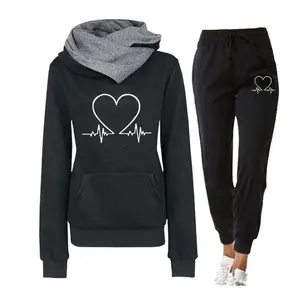 Women Motion Heart Print Hooded SweatSuit Long Sleeve Clothing Womenswear Aesthetics