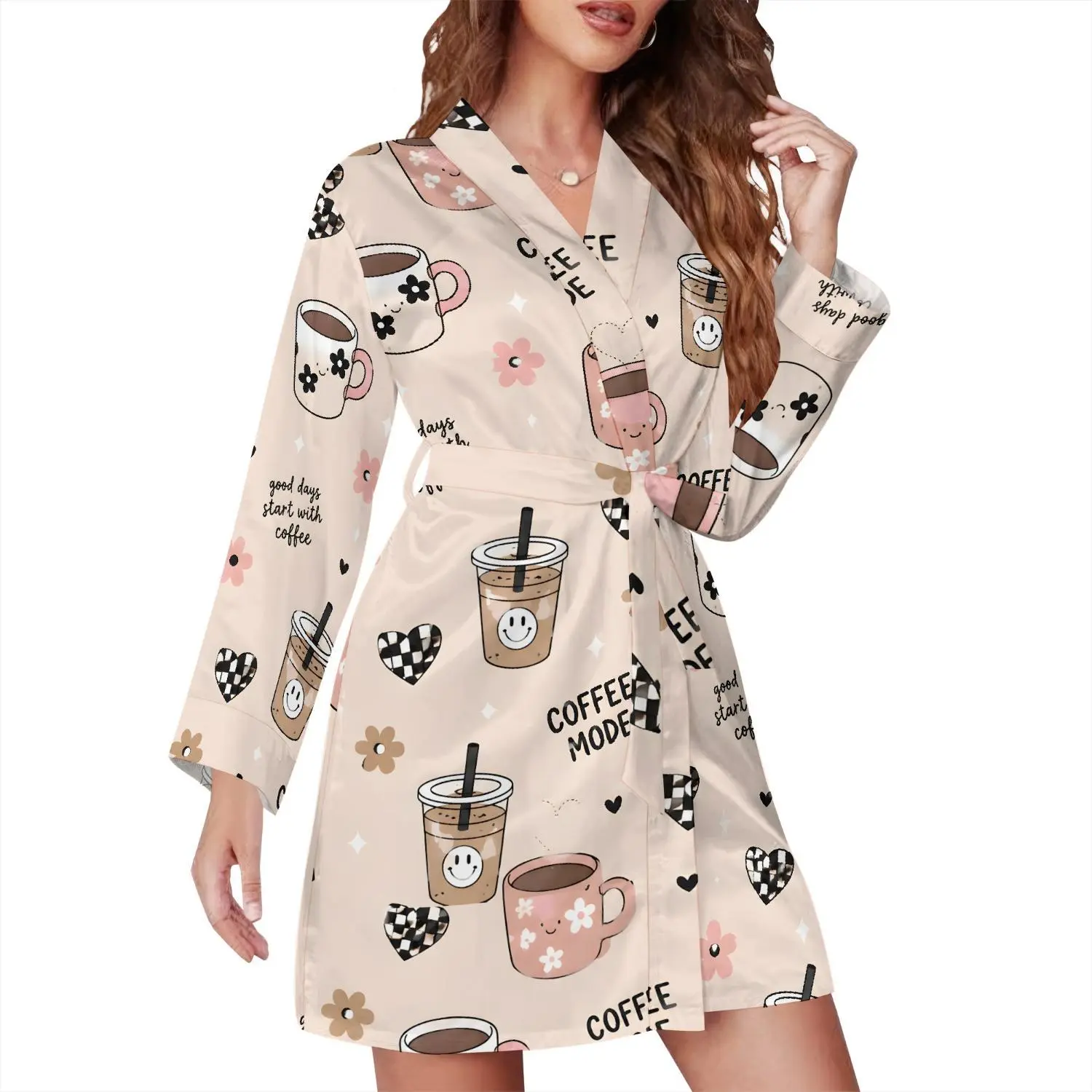 White Coffee Print Satin Pajama Robe - Luxurious Sleepwear & Lounge Set | TikTok Favorite Cozy & Stylish Everyday Wear for Women