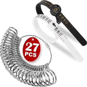 Ring Sizer Measuring Tool Kit, 27 count  Stainless Steel Measuring Ring Tool,  Ring Size 0-13 with Half Size, 2 count  Finger Size 1-17  Rings Size with Magnified Glass
