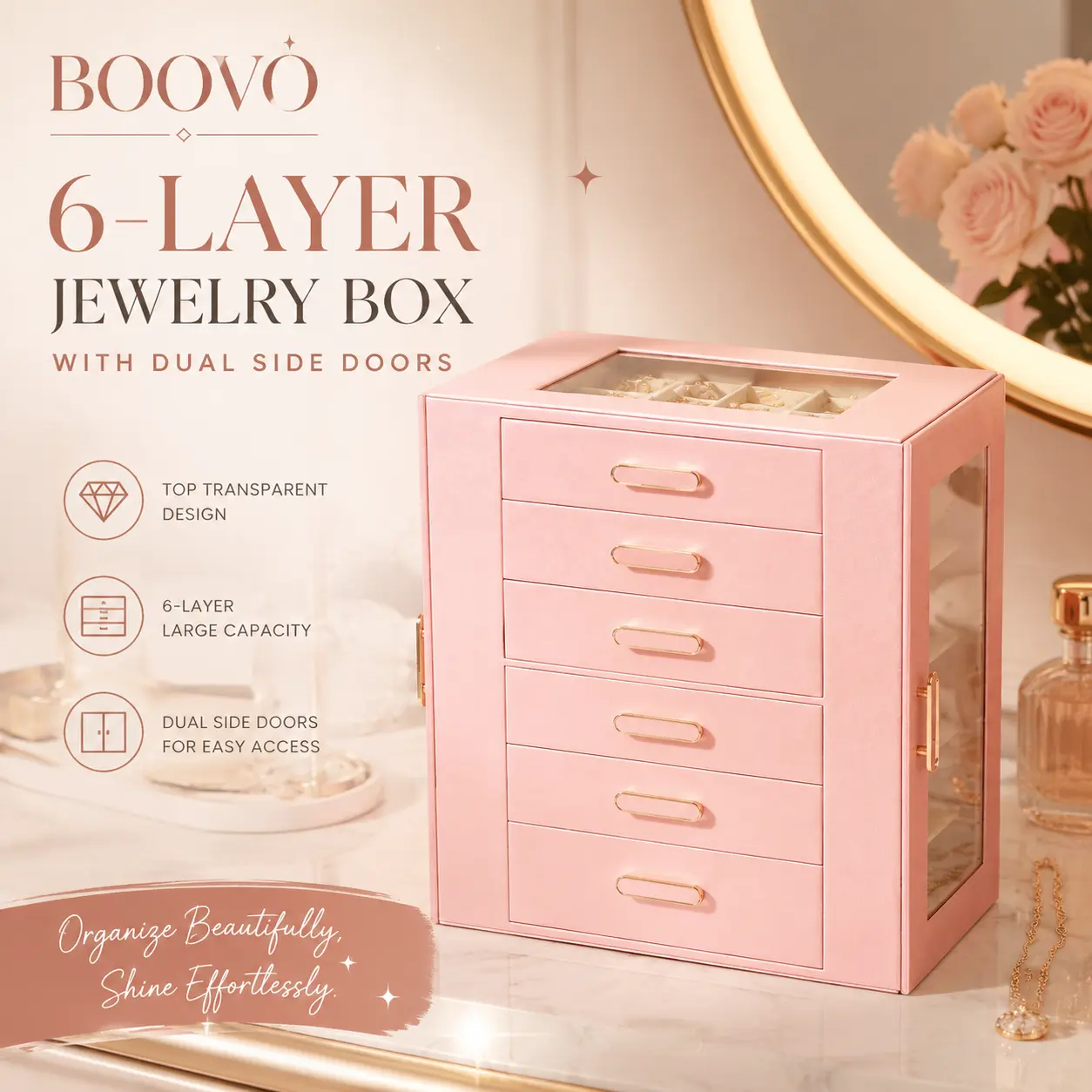 BOOVO Rose Gold Large Glass Lid 6-Layer Antitarnish Dustproof Lockable Jewelry Organizer Cabinet - Double-Side Doors, Key Lock, Large-Capacity Vanity Storage Box for Women’s Bedroom Necklaces, Rings