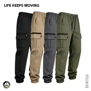 LIFE KEEPS MOVING men’s fashion cargo pants featuring an elastic drawstring waist; comfortable long pants for everyday commuting; durable, versatile spring/autumn bottoms with multiple pockets.