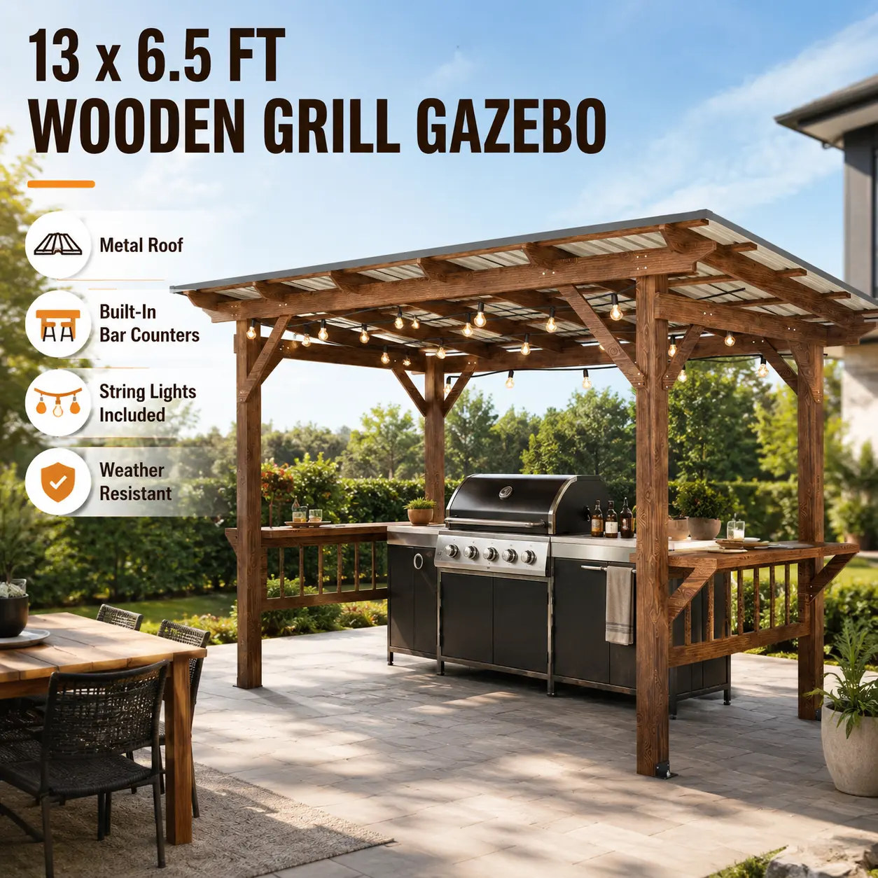 13x6.5 ft Wooden Grill Gazebo - Outdoor Pergola with Metal Roof, Bulbs, Bar Counters, Sun Protection, Sturdy Weather-Resistant Deck Canopy for Family Dinners, Food Prep, Drinks Storage
