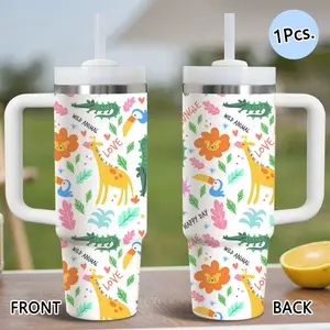 PIKPAKA Giraffe with Flowers Pattern Vacuum Flasks 40oz Stainless Steel Insulated Tumbler with Handle & Straw, Leakproof Travel Mug, 12H Cold Retention, Christmas & Holiday Gift Idea for Friends, Family & Coworkers