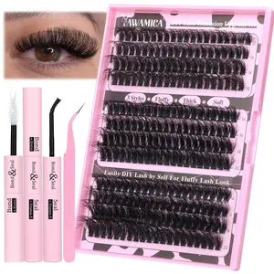 Eyelash Extension Kit Fluffy Thick Volume Lash Extension Kit 14-20mm D Curl Mink Lash Clusters 240pcs Individual Lashes Kit with Bond and Seal and Lash Applicator DIY at Home for Beginner