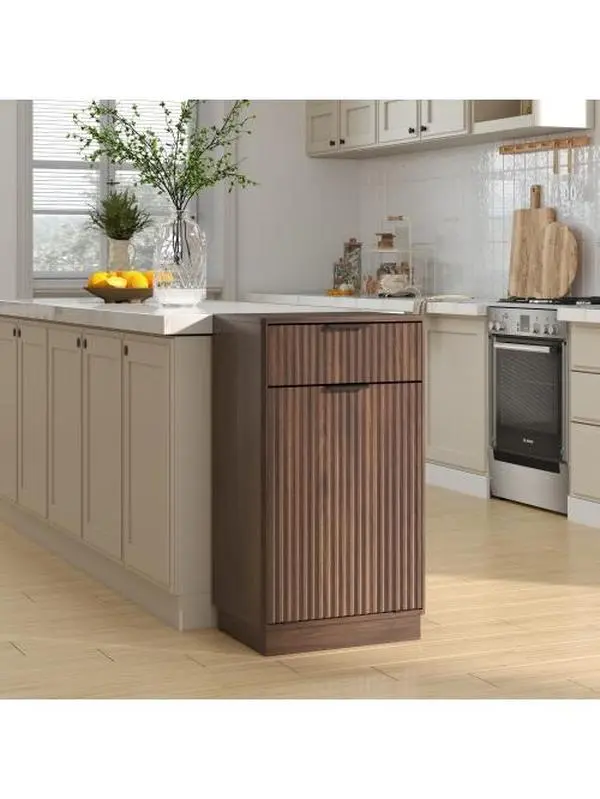 Bellemave 10-Gal Walnut Smooth Engineered Wood Tilt-Out Trash Can Industrial Sideboard Buffet Cabinet, Farmhouse Freestanding Storage Cabinet with Wave-Textured Hideaway Drawer & Dual Compartment Pull-Out Bin for Kitchen, Laundry, Modern Sideboard, Farmho