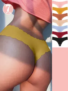 7-Pack Women's Polyamide Low-Waist Seamless Thongs Minimalist Solid Color Scallop Knit Fabric Stretchy Breathable Moisture-Wicking Soft Comfy for Yoga Running Gym Sports Ultimate Yoga Companion Panties Panty Pieces Womenswear Basic Everyday Bridal