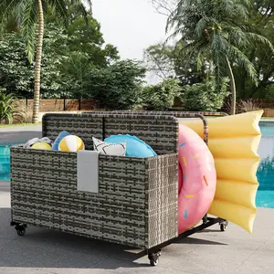 Rolling Pool Float Storage Organizer, All-Weather PE Rattan Outdoor Pool Caddy and Toy Storage Basket with Two Open Compartments Ideal for Poolside, Patio and Deck Areas