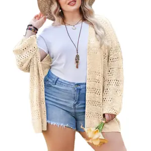 Women's Plus Size Minimalist Breathable Knitwear - Loose Basic Chunky Knit Boho Batwing Open-Front Long-Sleeve Shawl Cardigan, Crochet Kimono-Inspired Hip-Length Casual Top for Summer Beach, Pair with Jeans