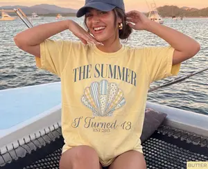Comfort Colors 13th Birthday Girl Shirt - The Summer I Turned 13 Tee, Retro Faux Patchwork Beach Seashell Graphic T-Shirt