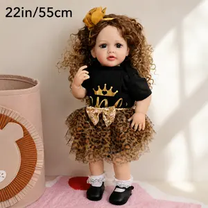 55cm (22in) Realistic Reborn Baby Doll, Fluffy Curly Synthetic Wig, Leopard Princess-Inspired Golden Crown Print Outfit, Ideal Gift for Halloween, Christmas, Special Occasions