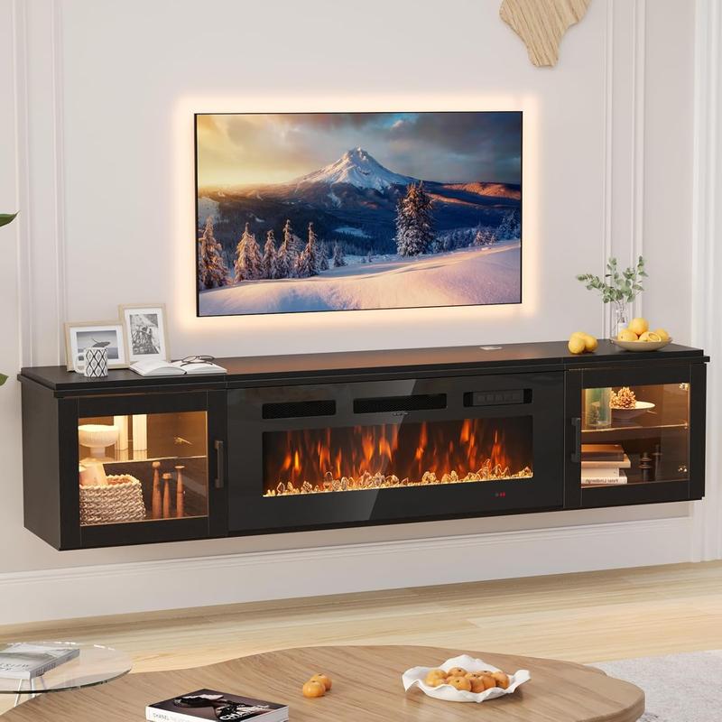 【Ships 2 Packages】oneinmil 70" Floating TV Stand with 36" Electric Fireplace, High Gloss Finish Wall Mounted Fireplace Entertainment Center with Storage for TVs Up to 80", Black TV Stand and Black Fireplace