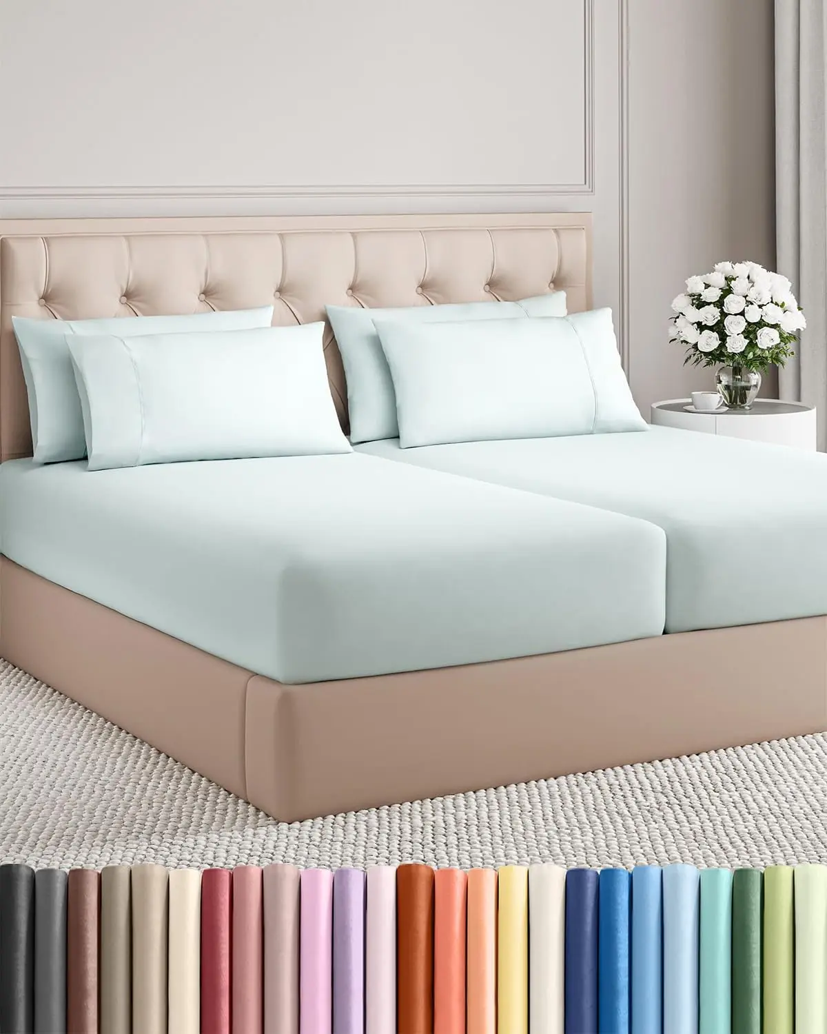 Split King 7 Piece Sheet Set - Comfy Breathable & Cooling - Soft Hotel Luxury Bedding Set with 8-16 Inch Deep Pockets - 1 Flat & 2 Fitted Sheet & 4 Pillowcases - Wrinkle Free & Easy Care - Ice Blue