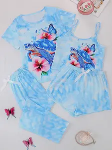 Women's Sleepwear Sets, Casual Round Neck Short Sleeve Top and Tank, Shorts and Pants 4 Piece Set, Ocean Turtle Print, All Seasons