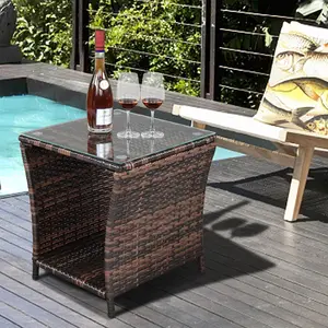 Tempered Glass Rattan Side Table, Brown Gradient Iron Frame Accent Table, Modern Small Living Room or Bedroom End Table