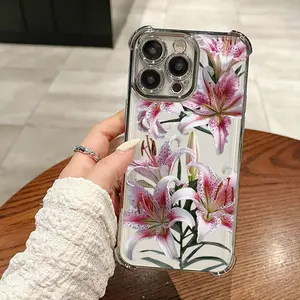 Pink Lily Pattern case For iPhone 16/15/14/13/12 Pro Max all inclusive anti fall phone case Protection Cover shock poof case Screen Protector Casin-BH006