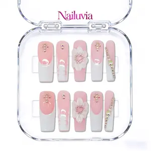 (D139) White Flower French Tip Mid-Square (1.3 inch) 10pcs Bangle Nails Y2K sweet cool luxury style handmade acrylic press on nails, 1.3 inch medium square shape, with a smooth, glossy finish for a comfortable fit,Valentine's Day, Reusable and durable