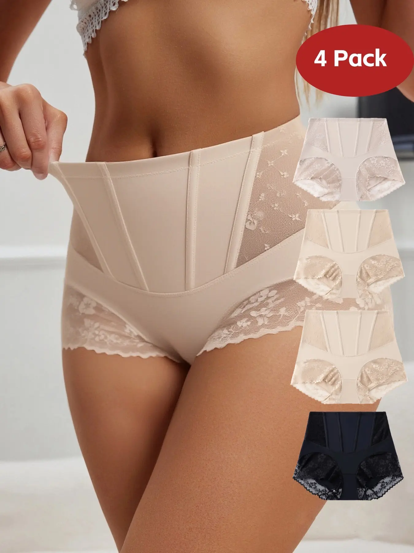 Women's High-Waisted Lace Shapewear Thong Panties, High Waisted Shapers, Comfortable Fit Basic Elegant Fashion Underwear for Everyday Wear, All Seasons, Plain Color, Elastic Waist