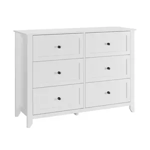 Modern 6 Drawer Dresser Wood Chest of Drawers with Metal Handles Large Storage Cabinet Bedroom Dressers Clothing Organizer Table Utility Console for Living Room Entryway Hallway Closet Furniture White Black