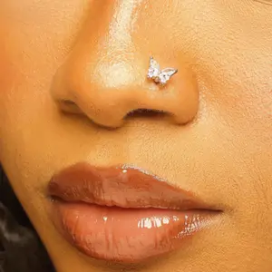 CZ Diamond Butterfly Nose Stud in Surgical Steel 20 Gauge L-Shape 7mm x 4mm Hypoallergenic with Case and Pouch