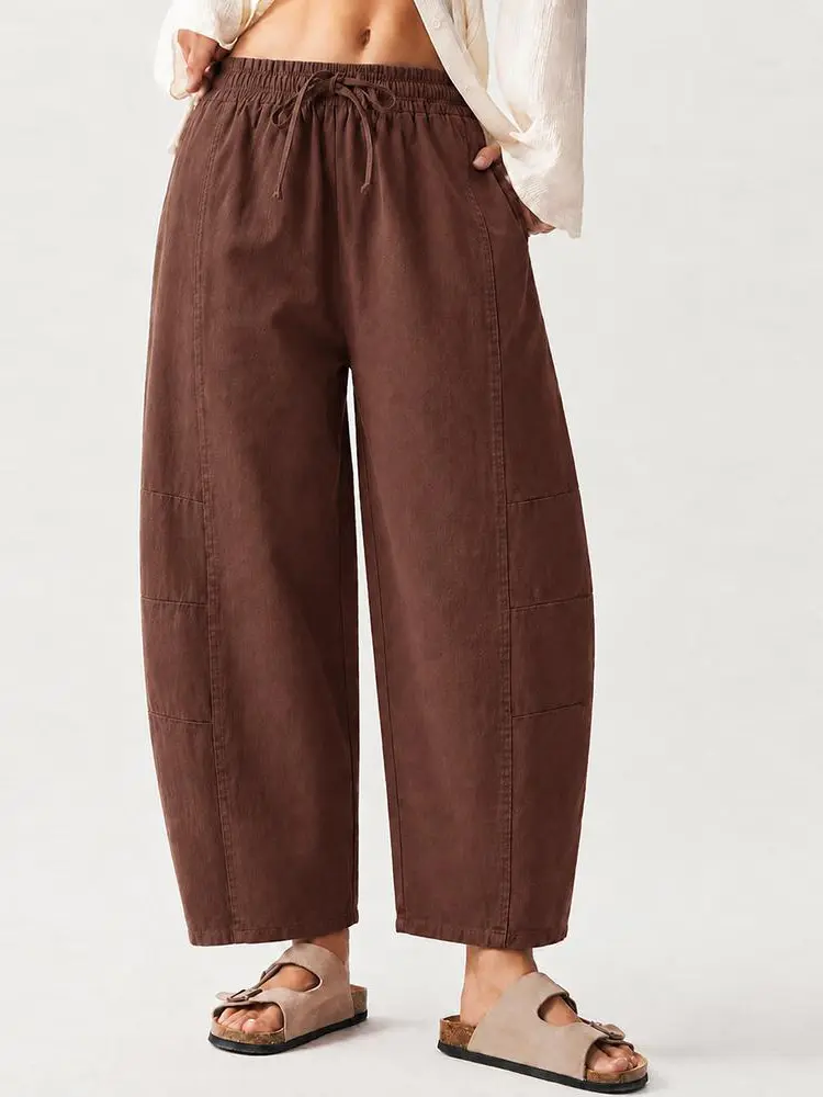 Women Elastic Drawstring High Waist Barrel Pants Seam Pocket Patchwork Cropped Baggy Trousers Casual Loose Cargo Pants With Back Pockets