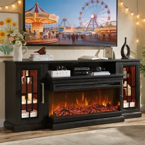 Black 75 Inch Electric Fireplace TV Stand, 3- Side Glass LED Modern Media Entertainment Center Console Table for TVs up to 80/85 Inch w/Adjustable Flame, 40’’ Fireplace, Highboy,