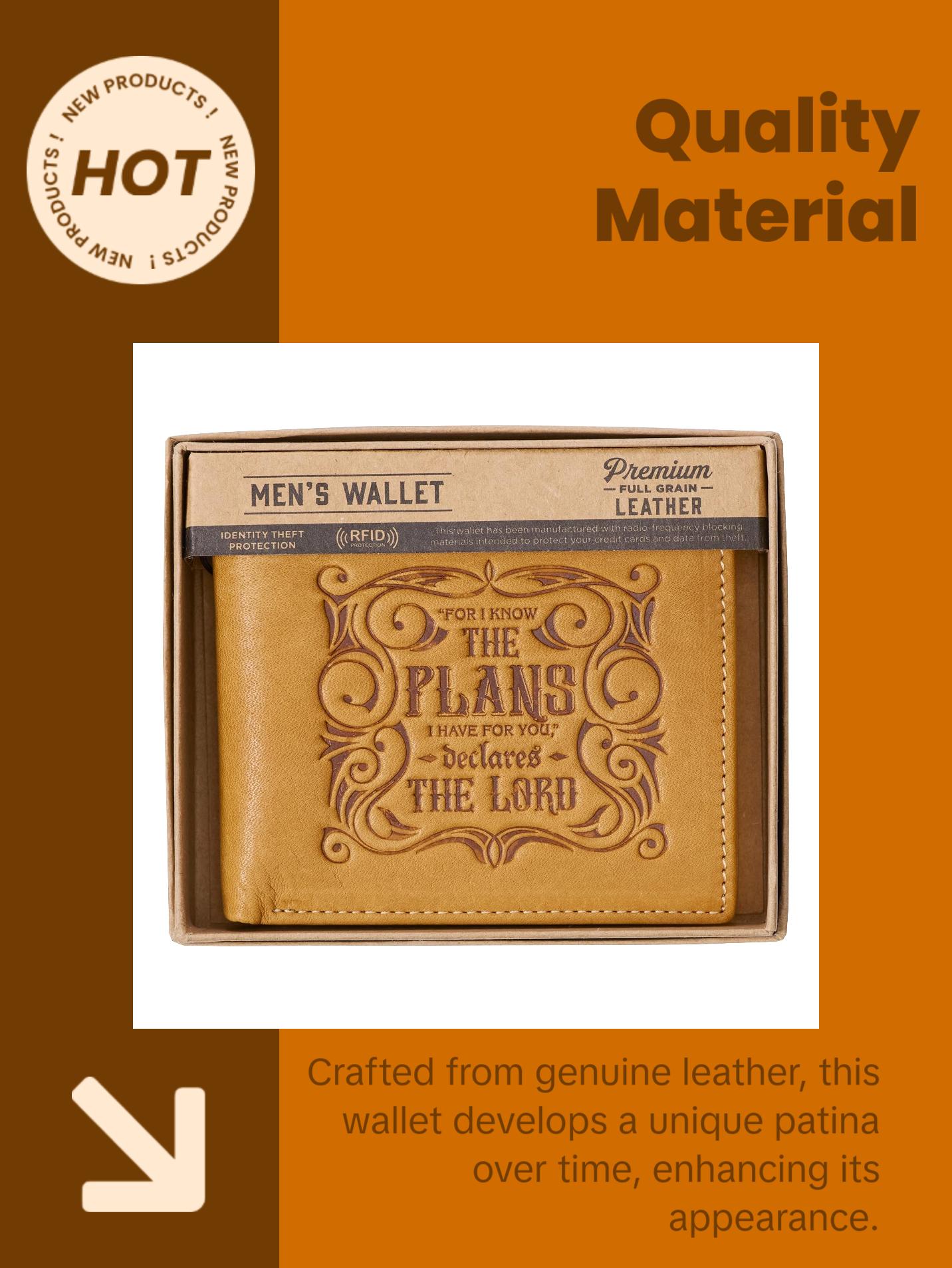 Genuine Leather Wallet for Men and Dads with Scripture Jeremiah 29:11 RIFD Blocking Multi-purpose Slots Credit Card Holders Quality Classic Saddle Tan Leather Bifold Wallet for Men