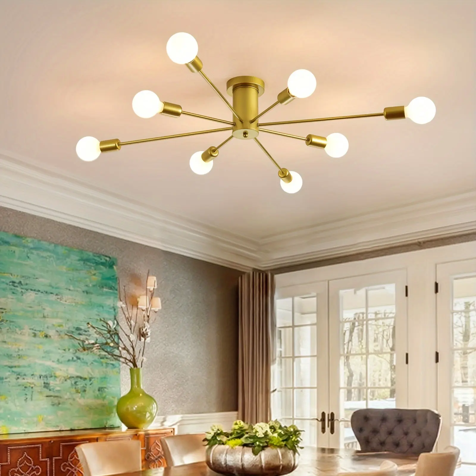 8-Light Sputnik Ceiling Light, Modern Semi Flush Mount Ceiling Light, Mid Century Gold Chandelier Pendant Lighting for Kitchen Dining Room Bedroom