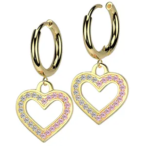 Gold PVD Heart Cutout Clear And Pink CZ Stainless Steel Hinged Earrings