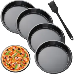 4-Piece Pizza Tray, Black Pizza Tray Round,Diameter 22cm,Non-Stick Pizza Plate,Large Pizza Plate for Pizzas,Pies and Cakes (with Silicone Grease Brush),Hand Tools Kits
