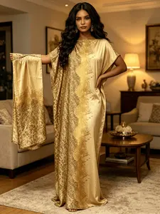 1dress+1scarf Champagne Black Blended Printed Robe Dress Set Large Ship Collar Loose Flesh Covering Long Robe Dress+1 Scarf Light Luxury Luxury Vacation Style Long Dress Bohemian Style Casual Outing Banquet Dress Kaftan Robe